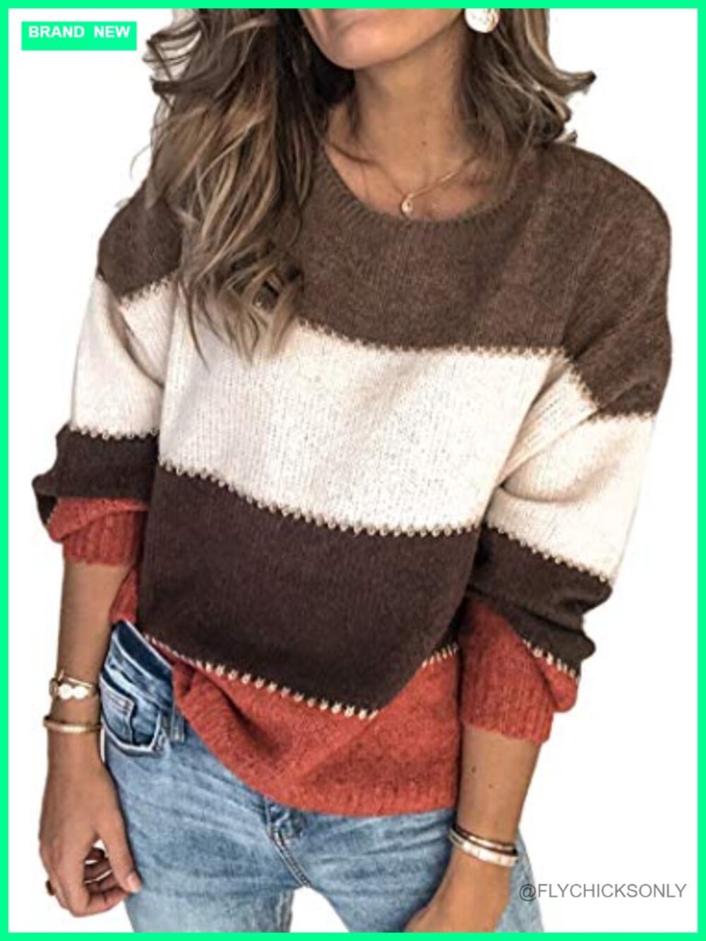 Womens Long Sleeve Crewneck Color Block Knit Pullover Sweater